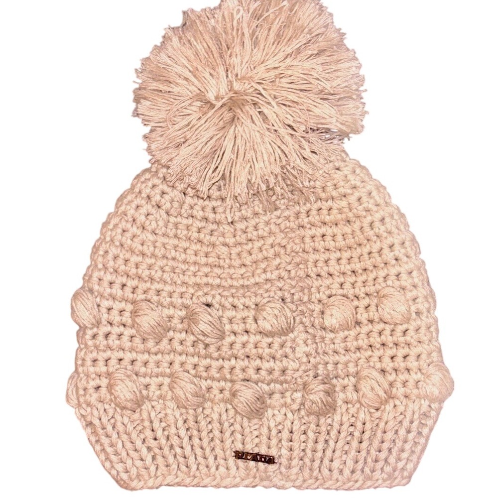 PrAna Women's Chunky Knit Beanie Hat W/ PomPom One Size Beige Hemp Blend Outdoor
